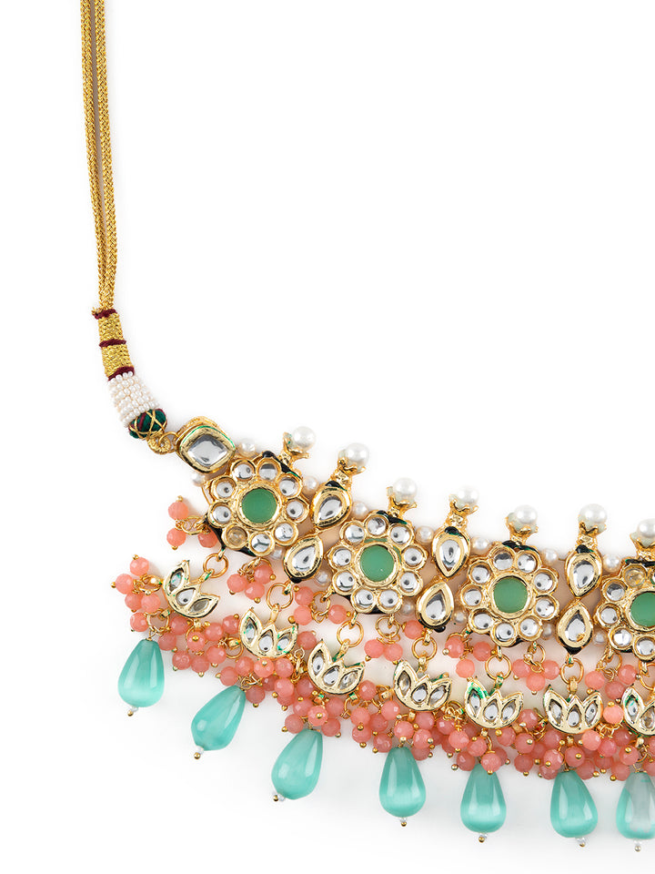 Priyaasi Sea Green Floral Kundan Peach Pearl Gold-Plated Choker Jewellery Set
