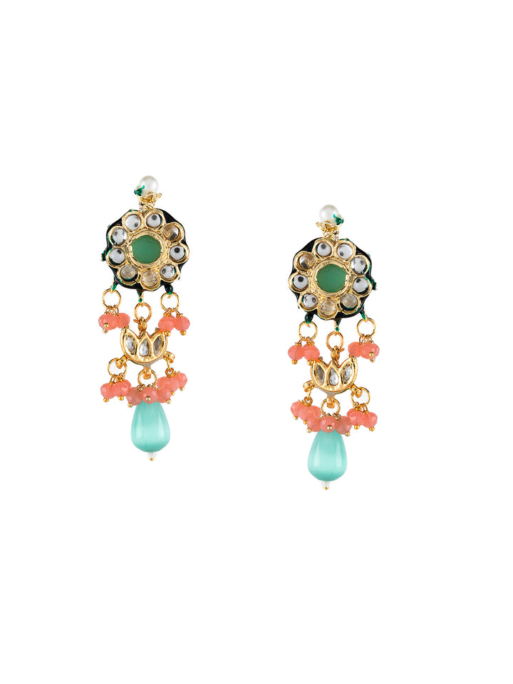 Priyaasi Sea Green Floral Kundan Peach Pearl Gold-Plated Choker Jewellery Set