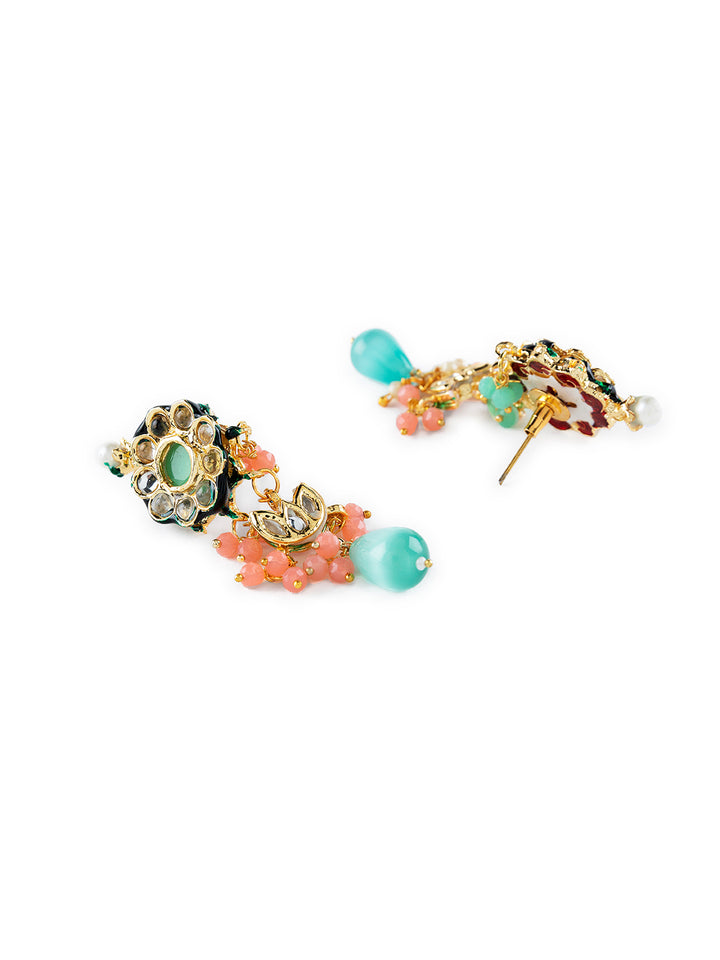 Priyaasi Sea Green Floral Kundan Peach Pearl Gold-Plated Choker Jewellery Set