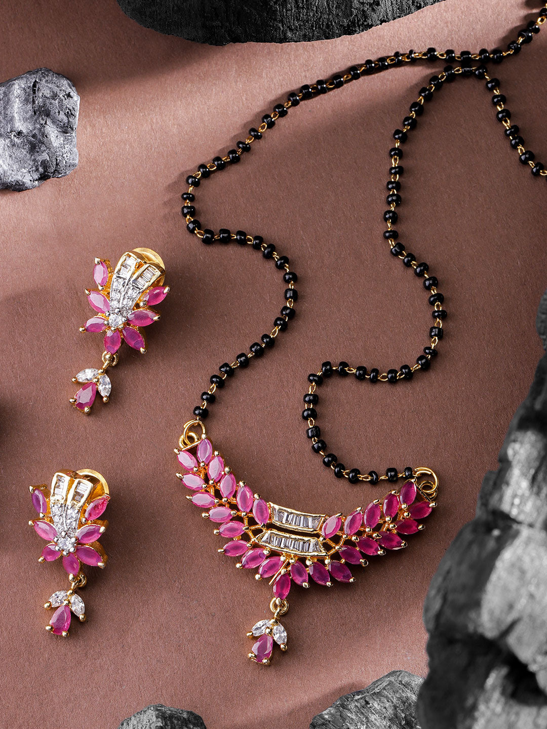 Designer Gold Plated Pink And White American Diamond Mangalsutra