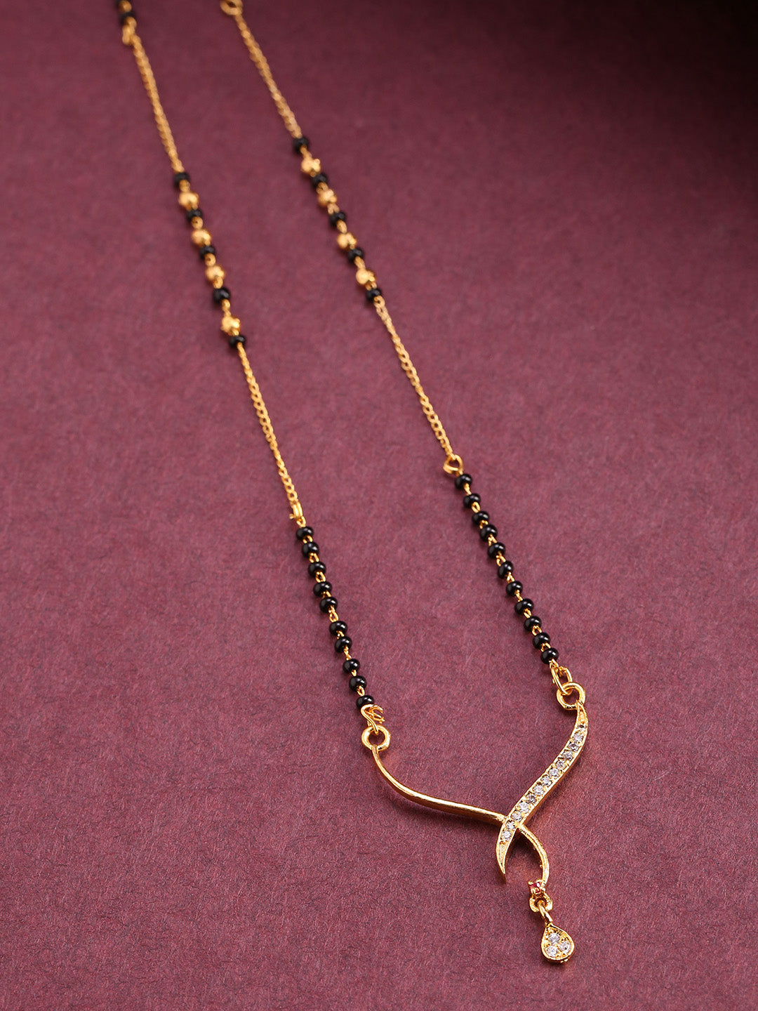 Utter Grace American Diamond Studded Black Beaded Gold-Plated