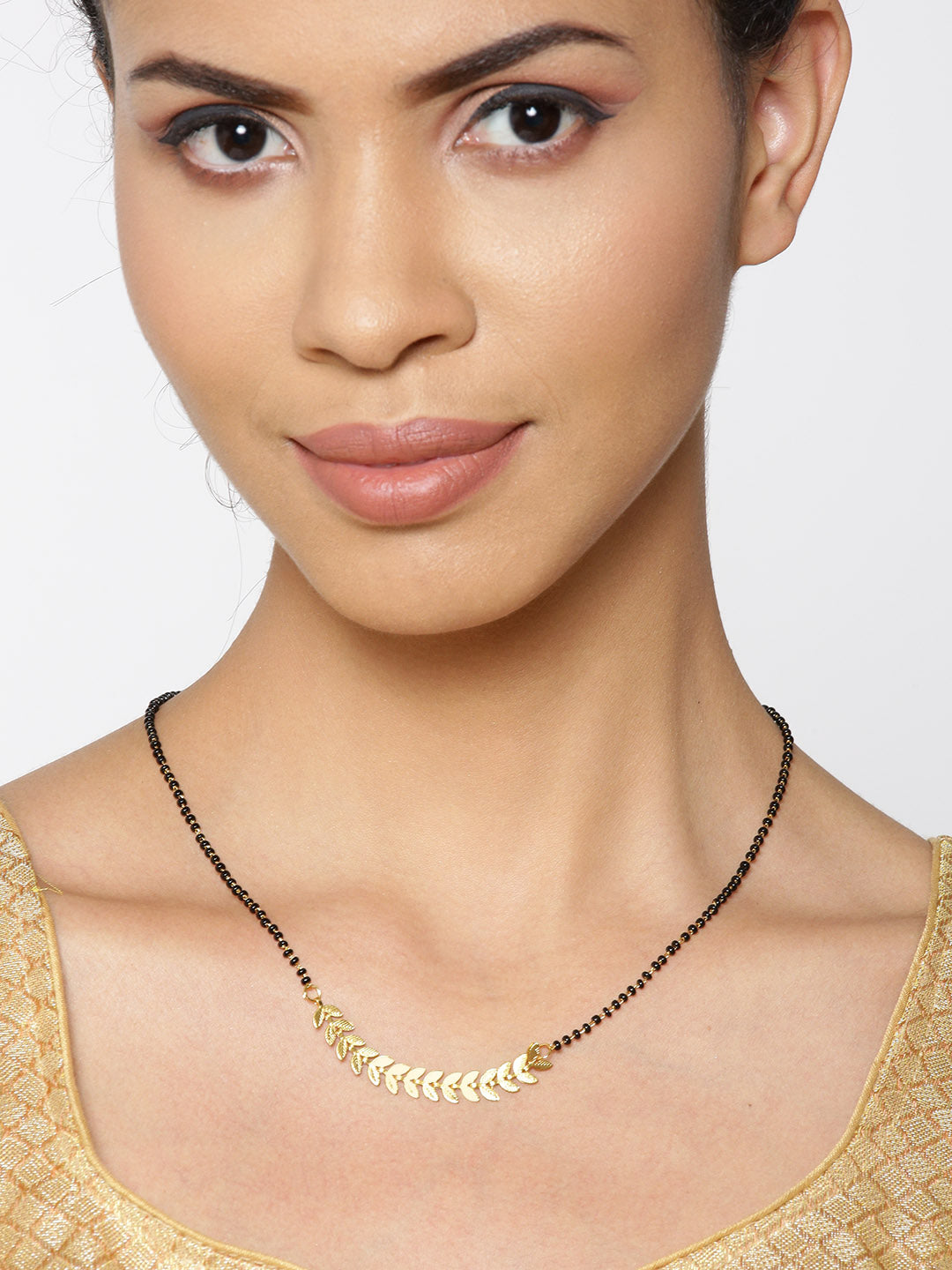 Gold-Plated Leaf Design Black Beads Chain Mangalsutra – Priyaasi