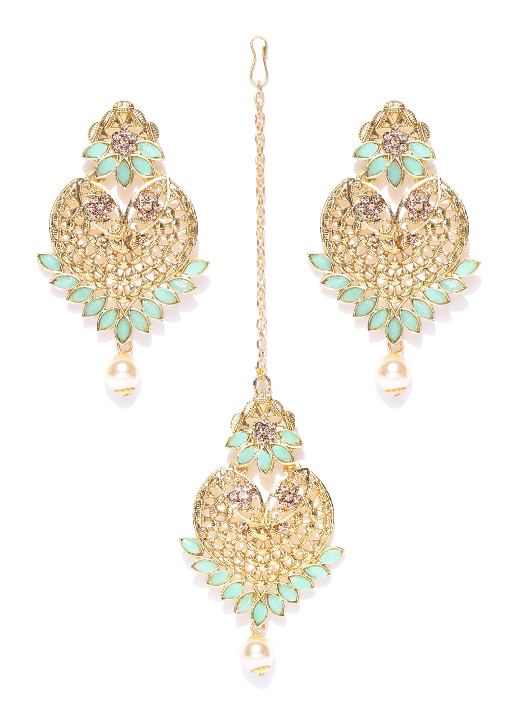 Gold-Plated Mint Green Stone Studded Heart Shape MaangTikka With Drop Earrings Set