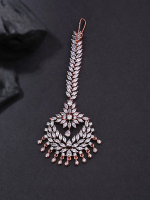 Pixie Dust-Floral Leaf Rose Gold Plated American Diamond Studded MaangTikka