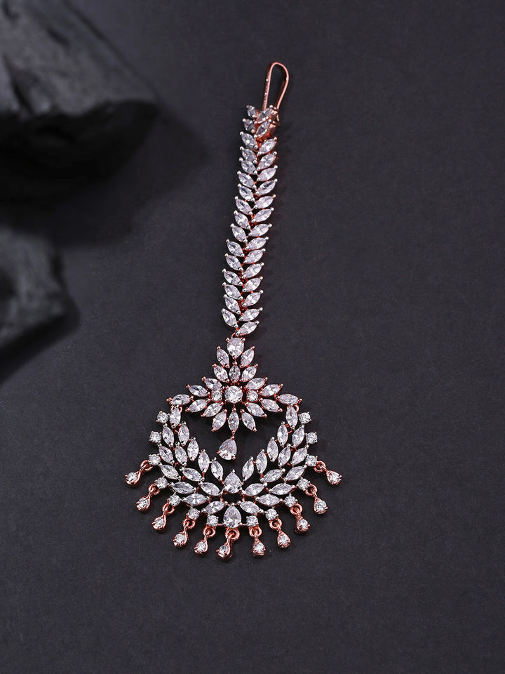Pixie Dust-Floral Leaf Rose Gold Plated American Diamond Studded MaangTikka