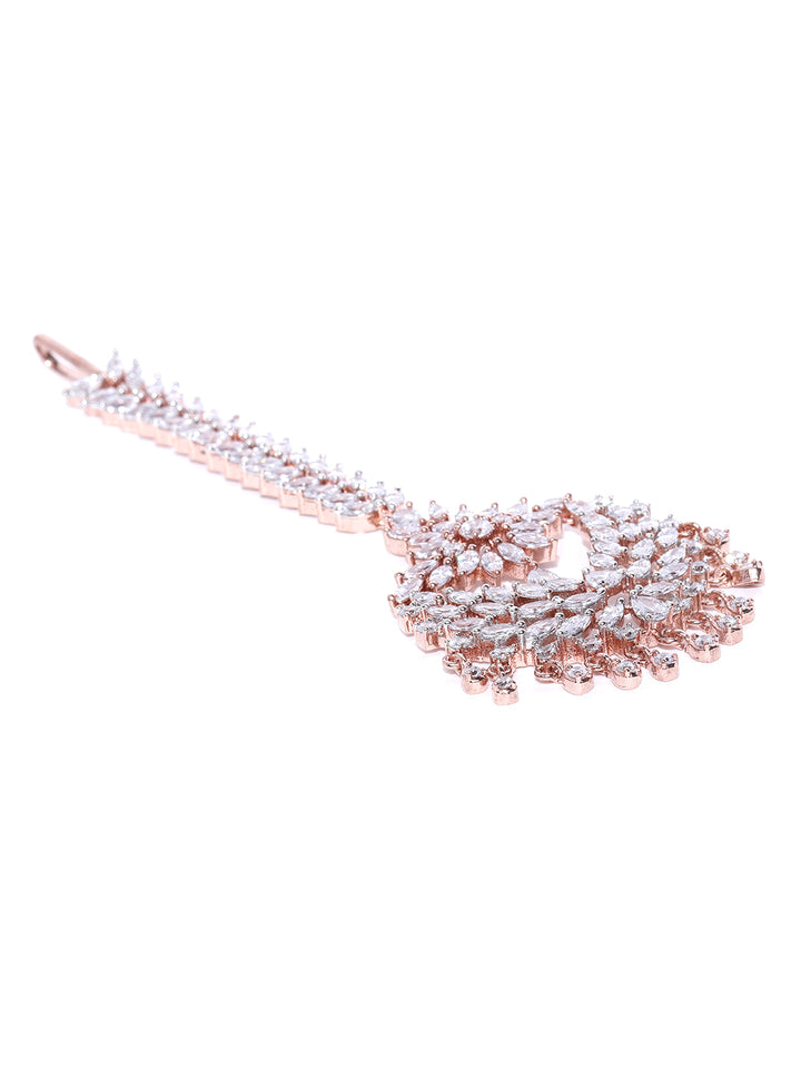 Pixie Dust-Floral Leaf Rose Gold Plated American Diamond Studded MaangTikka