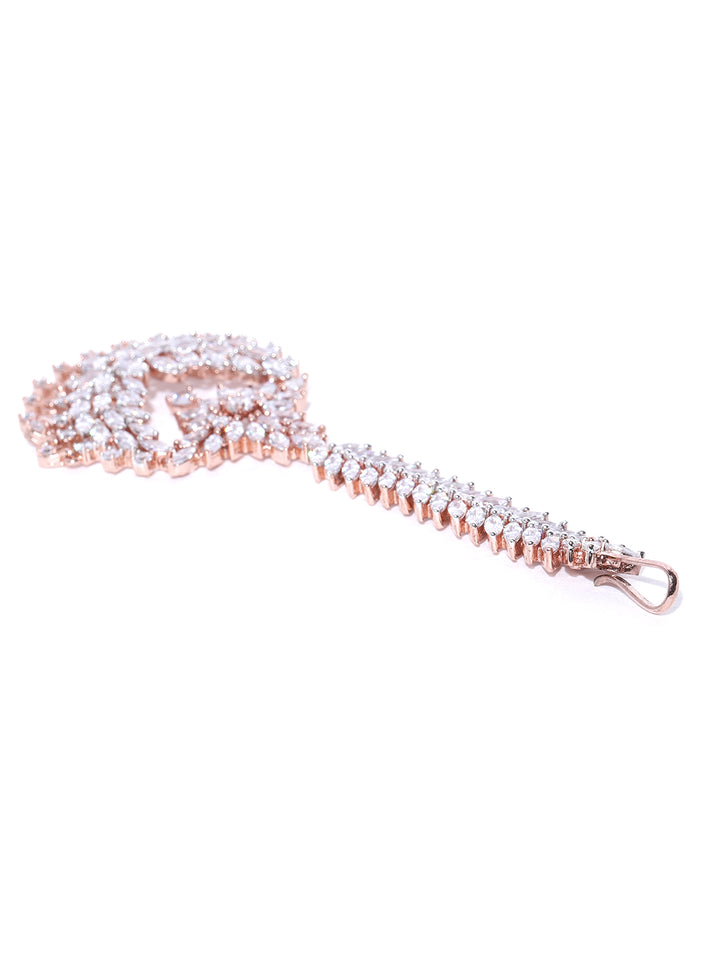 Pixie Dust-Floral Leaf Rose Gold Plated American Diamond Studded MaangTikka