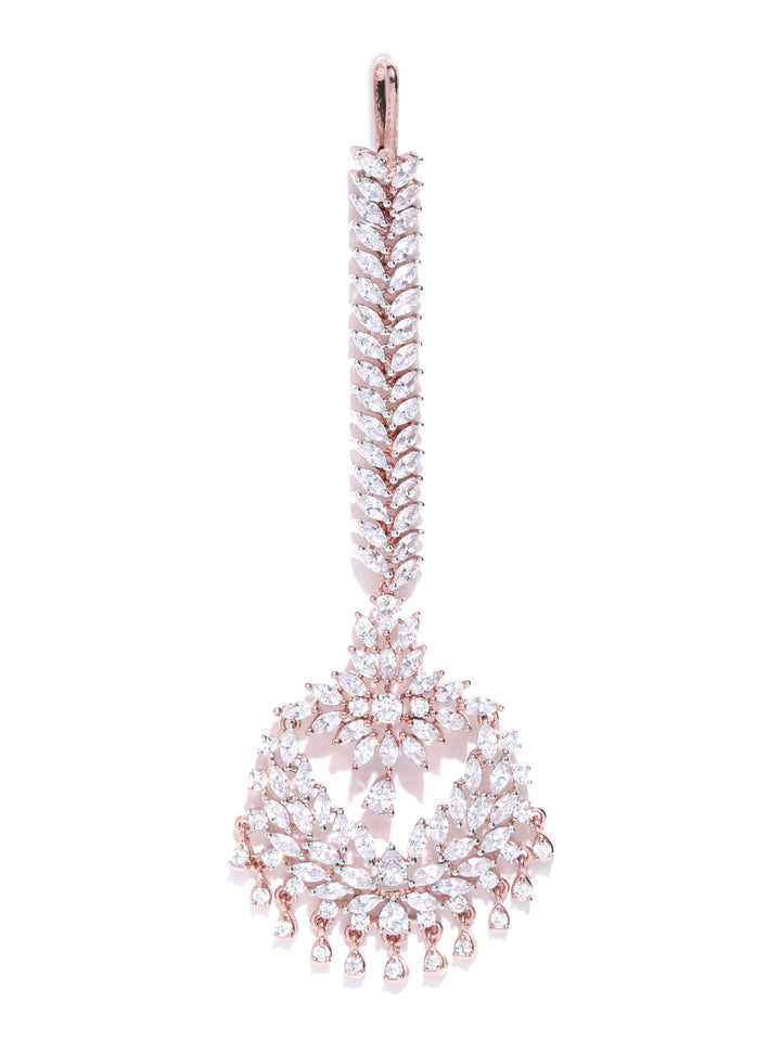 Pixie Dust-Floral Leaf Rose Gold Plated American Diamond Studded MaangTikka