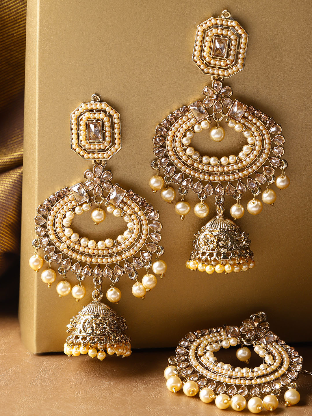 Gold-Plated Stone Studded MaangTikka And Earrings Set with Pearls
