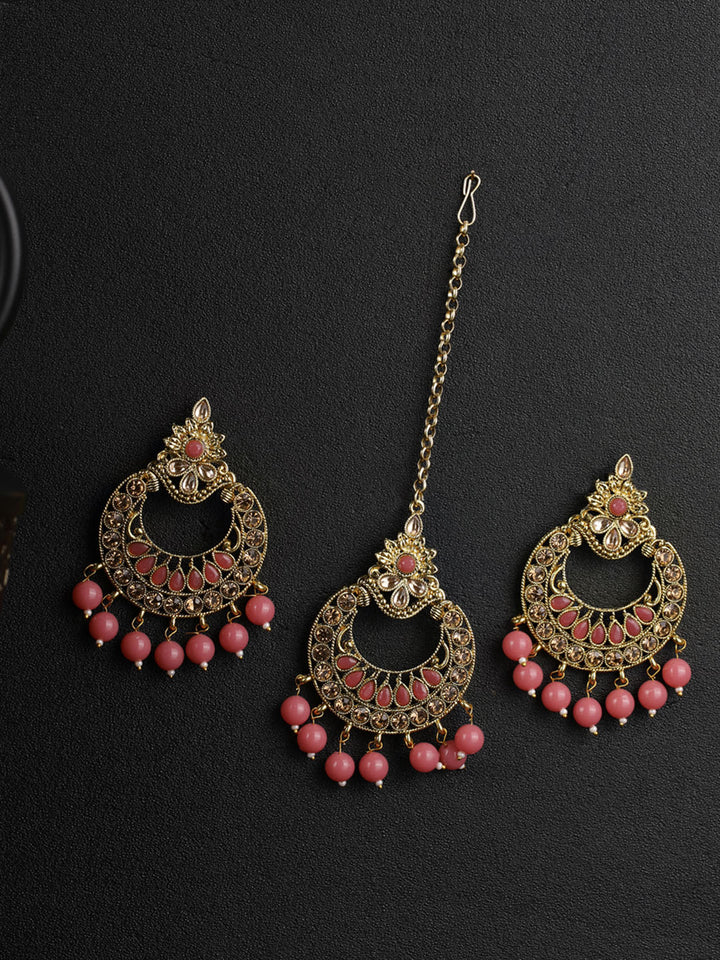 Kundan Pink Stone MaangTikka Earring Set