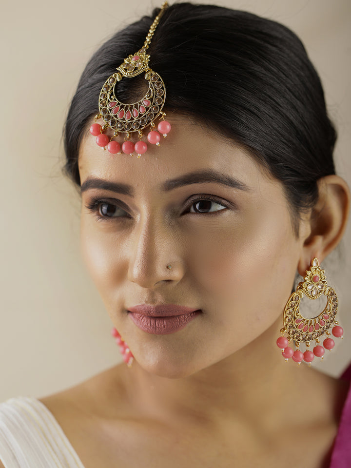 Kundan Pink Stone MaangTikka Earring Set