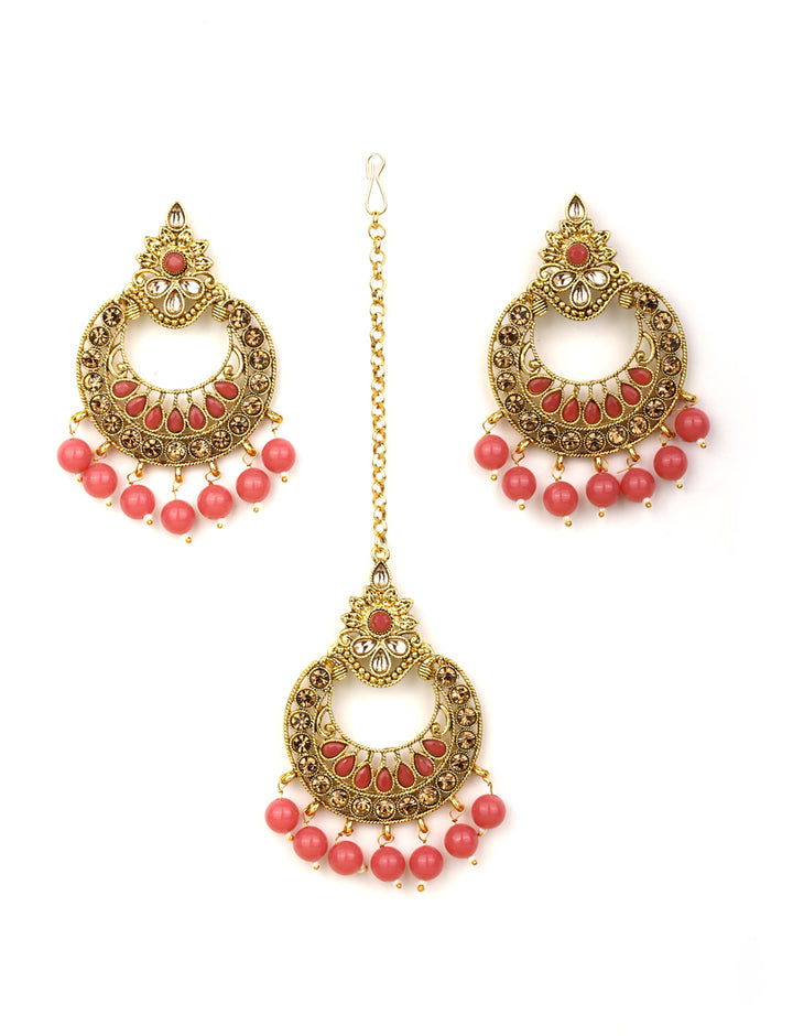 Kundan Pink Stone MaangTikka Earring Set
