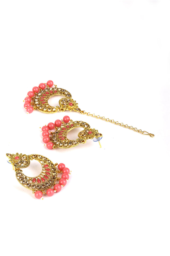 Kundan Pink Stone MaangTikka Earring Set