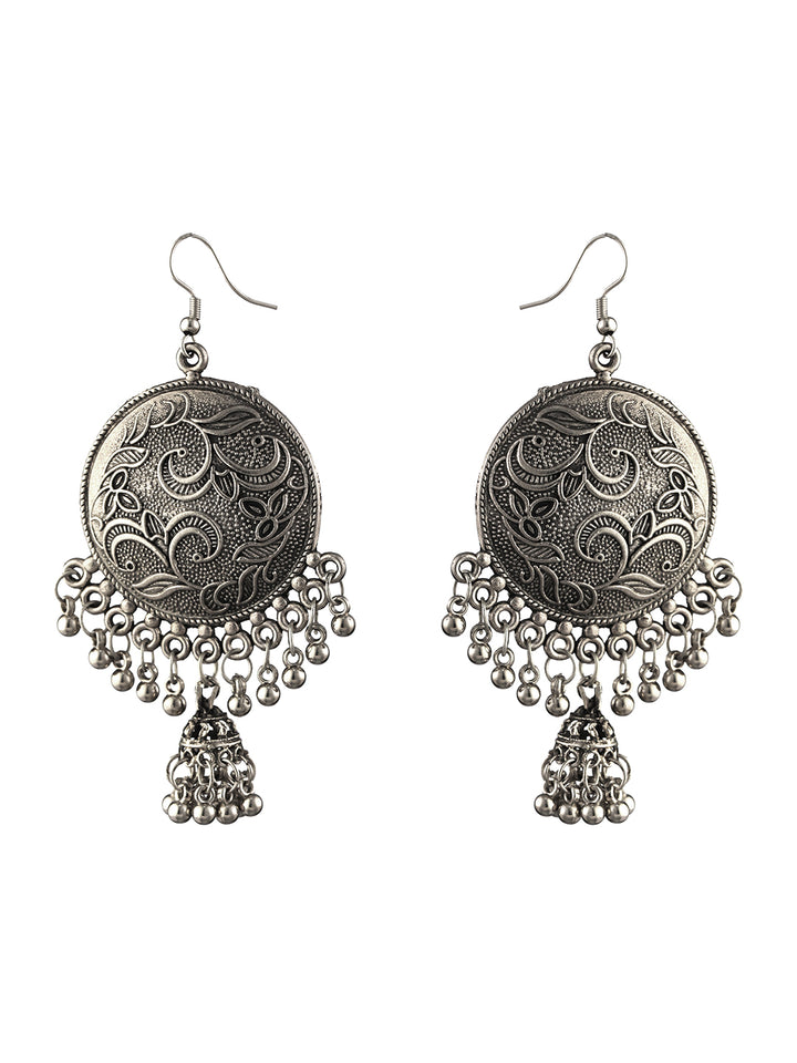 Round Leaf Pattern Oxidized Silver Maang Tikka with Earrings