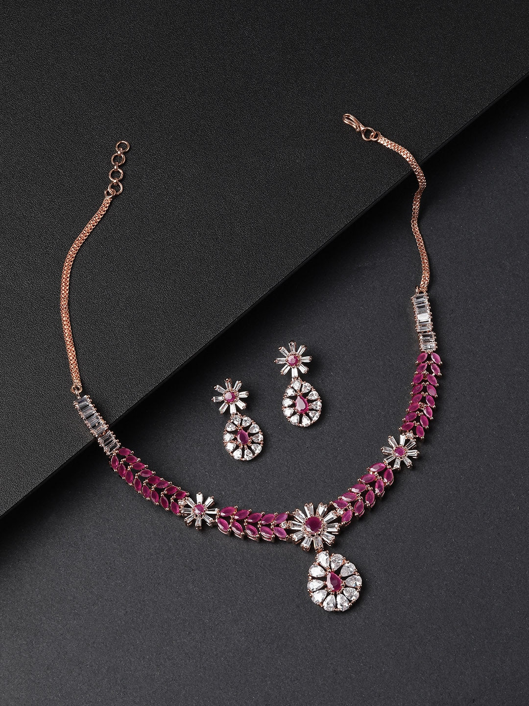 Pink Ruby American Diamond Rose Gold Plated Jewellery Set – Priyaasi