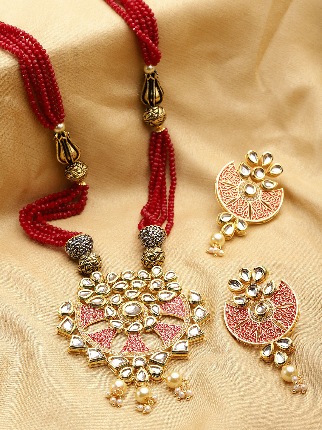 Red Beads Kundan Pearls Gold Plated Jewellery Set – Priyaasi