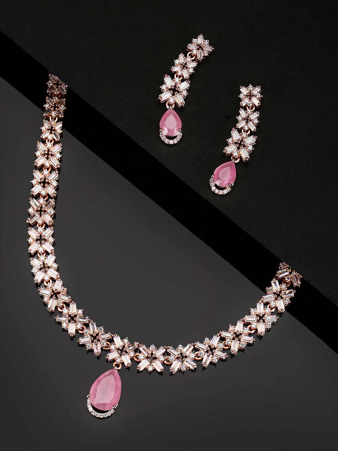 Pink Stones American Diamond Rose Gold Plated Jewellery Set