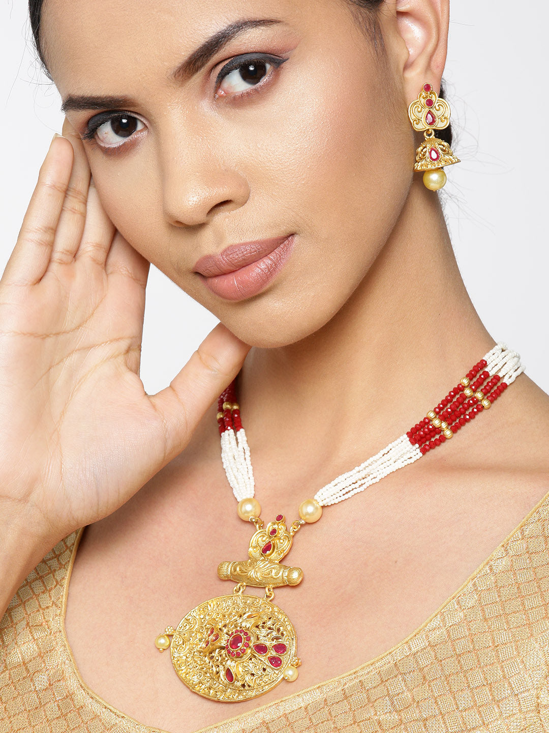 White Red Beads Ruby Gold Plated Jewellery Set – Priyaasi