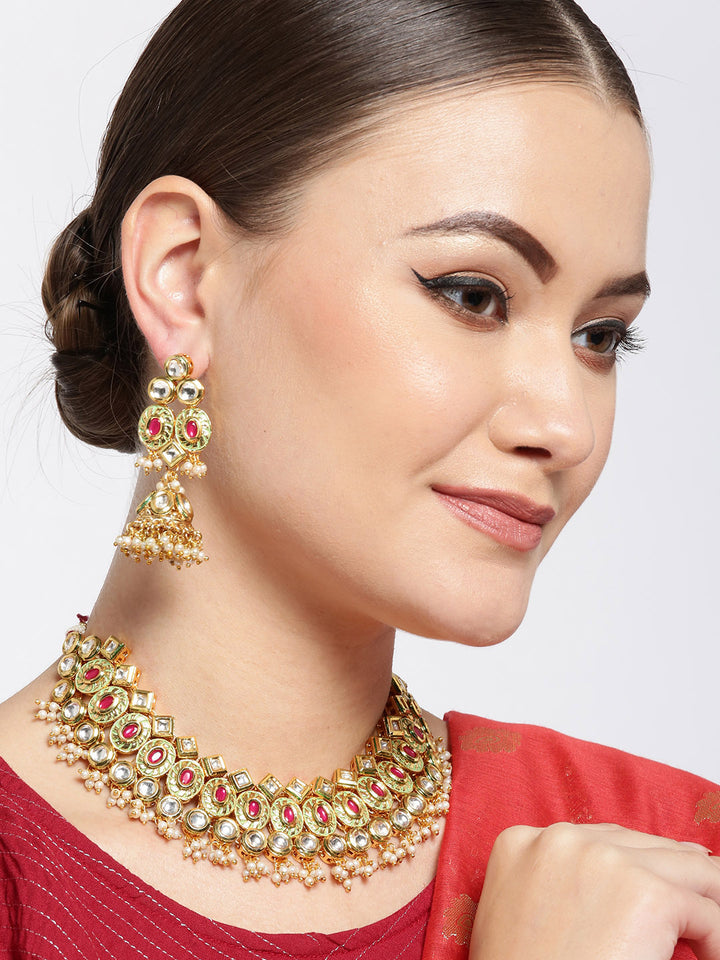 Embellished Stunner - Gold-Plated Kundan Ruby Jewellery Set
