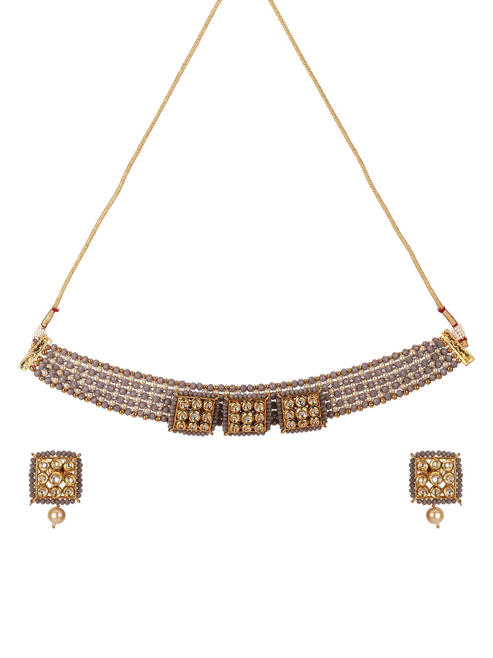 Grey Beads Kundan Pearls Gold Plated Jewellery Set