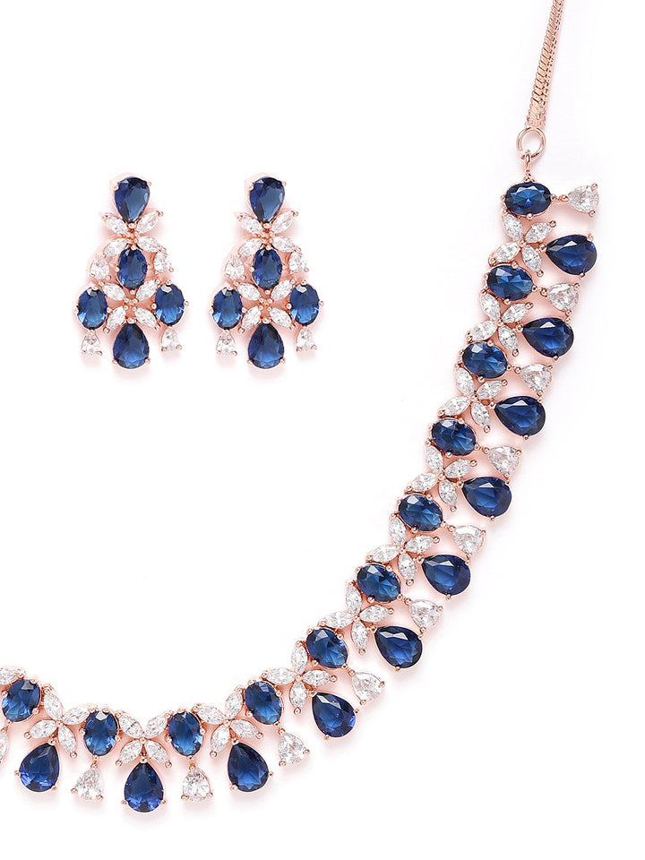 Blue American Diamond Rose Gold Plated Floral Jewellery Set