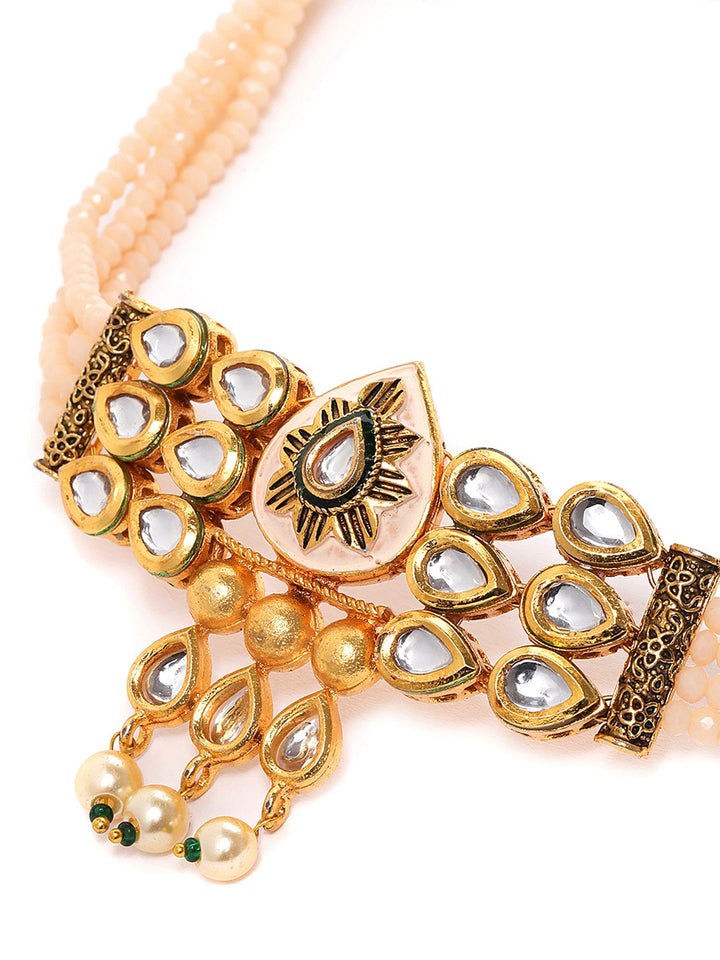 Peach Beads Pearls Kundan Gold Plated Choker