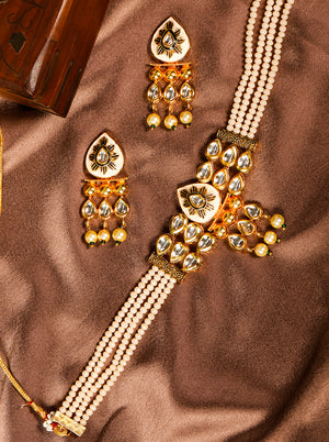 Peach Beads Pearls Kundan Gold Plated Choker