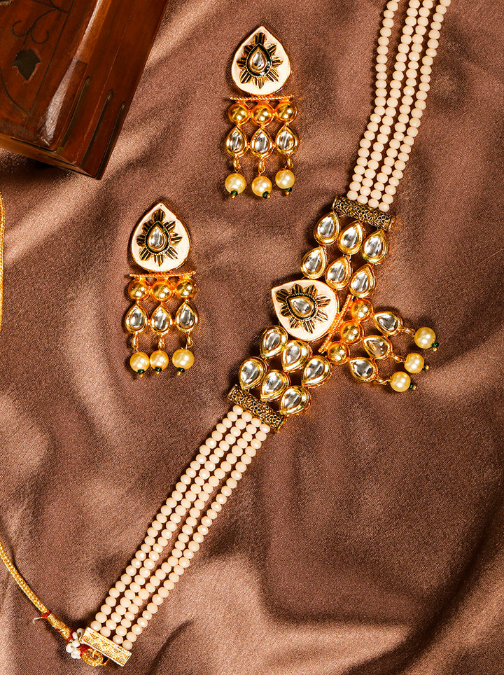 Peach Beads Pearls Kundan Gold Plated Choker