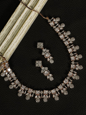 American Diamond Rose Gold Plated Leaf Jewellery Set
