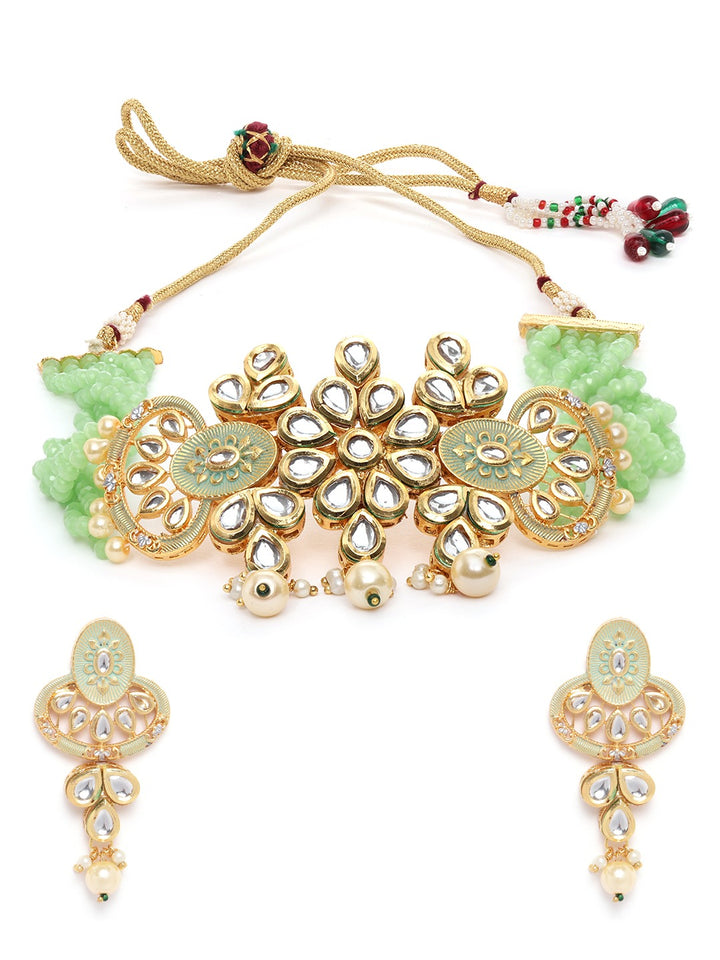 Mint Green Beads Kundan Pearls Gold Plated Choker
