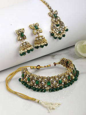 Sajda-Green Stones Emerald Beads Kundan Gold Plated Traditional MaangTikka Choker