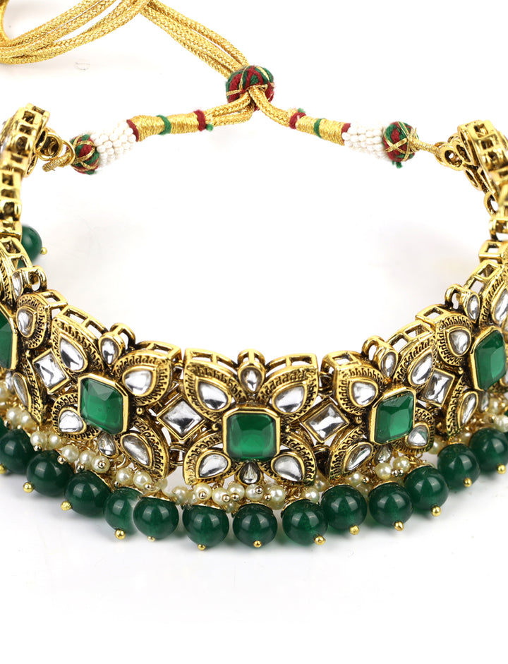 Sajda-Green Stones Emerald Beads Kundan Gold Plated Traditional MaangTikka Choker