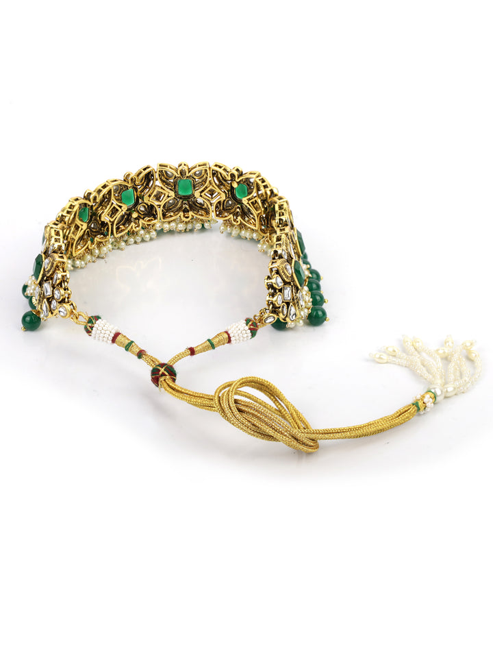 Sajda-Green Stones Emerald Beads Kundan Gold Plated Traditional MaangTikka Choker