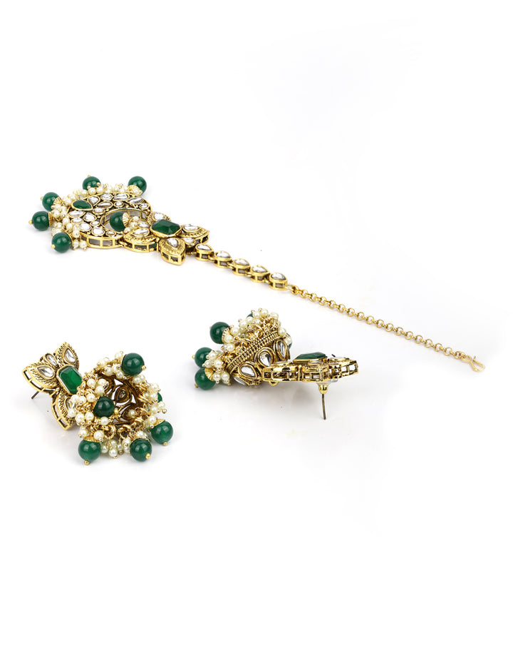 Sajda-Green Stones Emerald Beads Kundan Gold Plated Traditional MaangTikka Choker