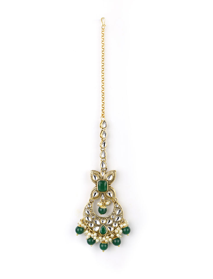 Sajda-Green Stones Emerald Beads Kundan Gold Plated Traditional MaangTikka Choker