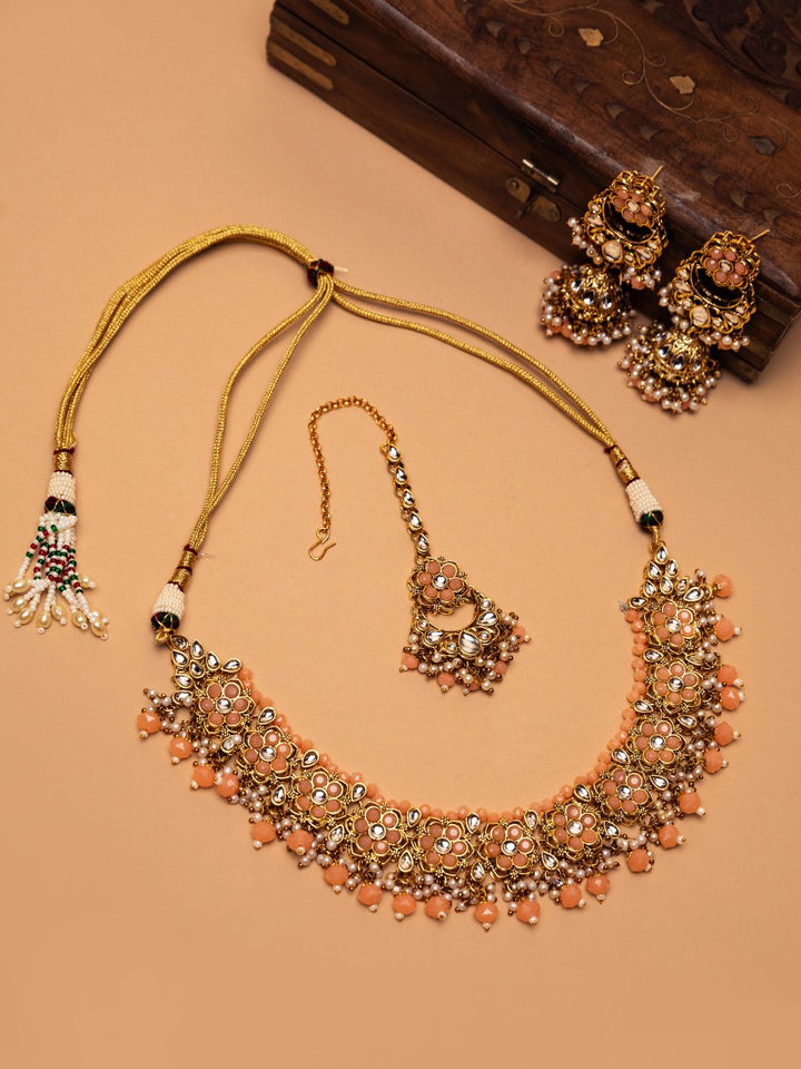 Peach Beads Pearls Kundan Gold Plated Floral Traditional MaangTika Jewellery Set