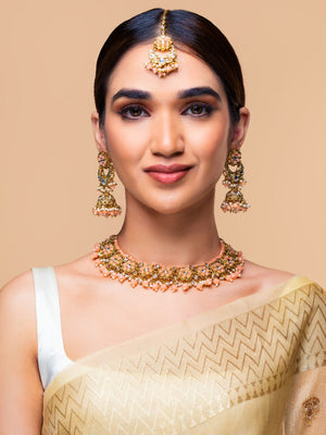 Peach Beads Pearls Kundan Gold Plated Floral Traditional MaangTika Jewellery Set