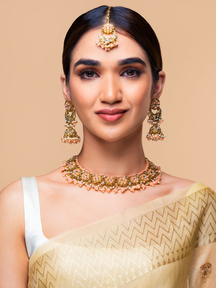 Peach Beads Pearls Kundan Gold Plated Floral Traditional MaangTika Jewellery Set