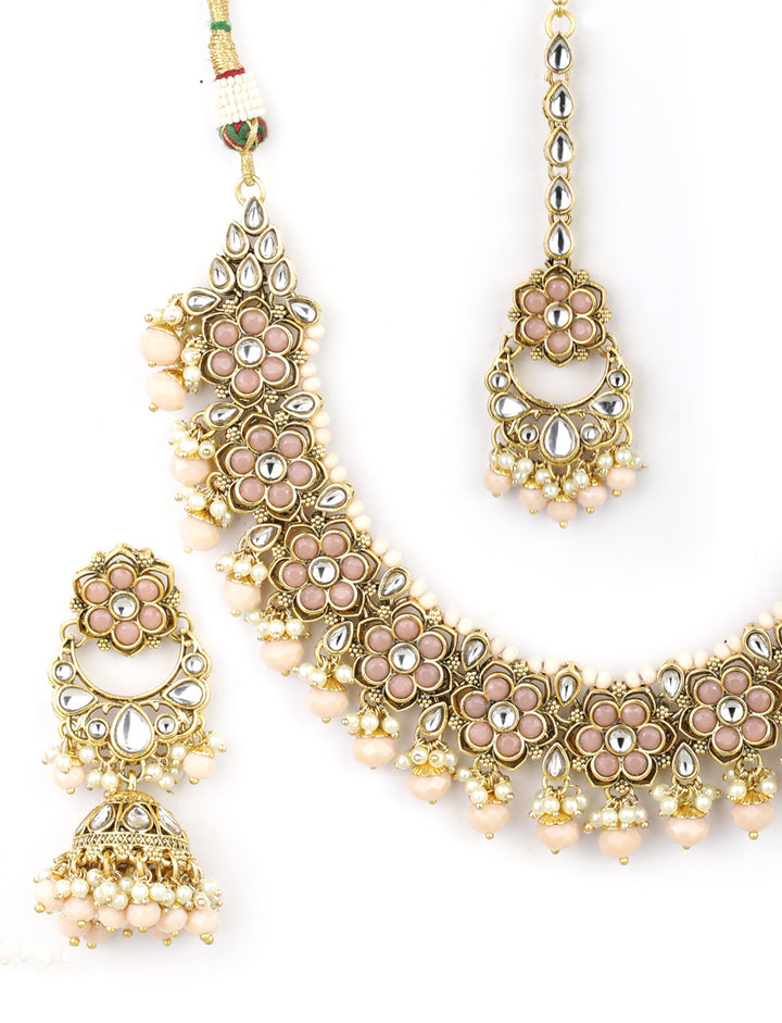 Peach Beads Pearls Kundan Gold Plated Floral Traditional MaangTika Jewellery Set
