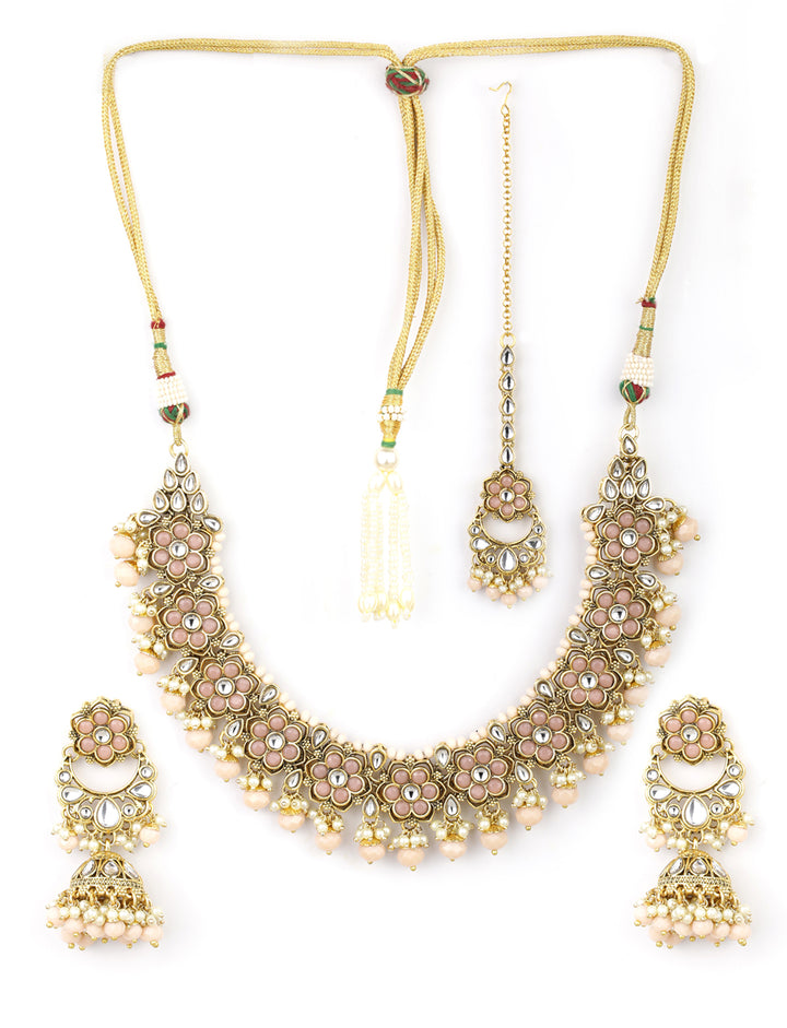 Peach Beads Pearls Kundan Gold Plated Floral Traditional MaangTika Jewellery Set