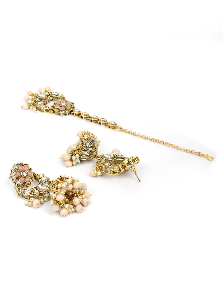Peach Beads Pearls Kundan Gold Plated Floral Traditional MaangTika Jewellery Set