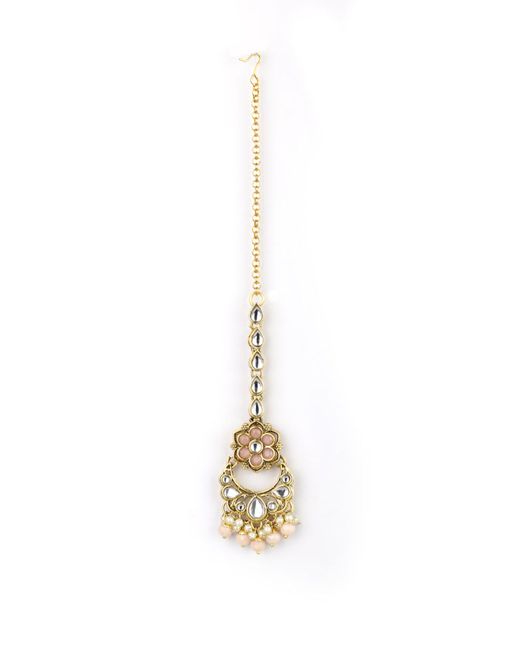 Peach Beads Pearls Kundan Gold Plated Floral Traditional MaangTika Jewellery Set