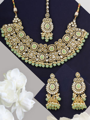 Mint Green Pearls Stones Beads Kundan Gold Plated Traditional MaangTika Jewellery Set