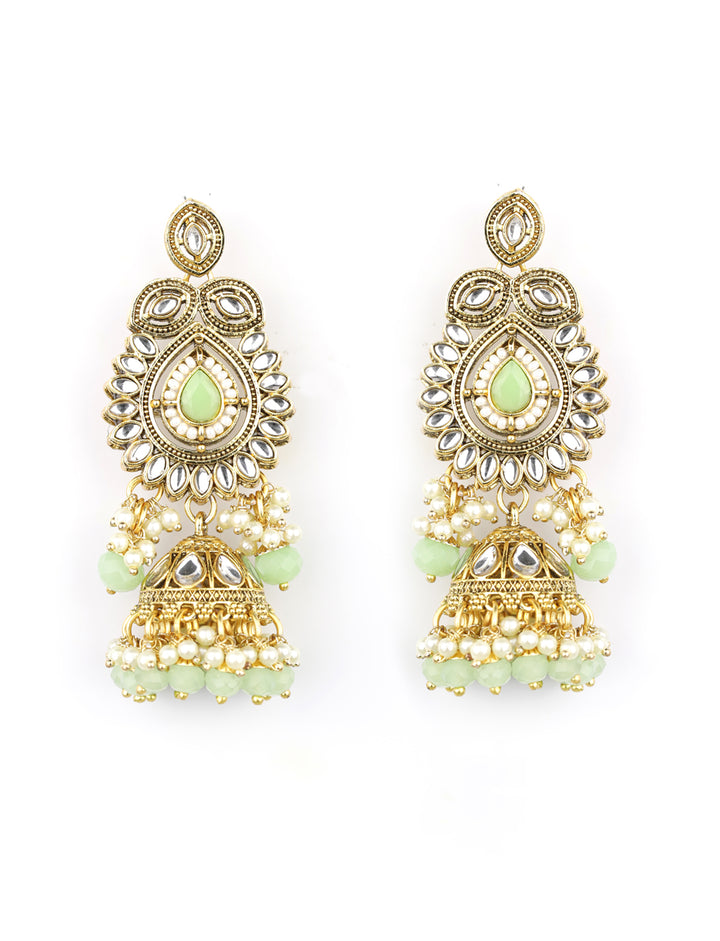 Mint Green Pearls Stones Beads Kundan Gold Plated Traditional MaangTika Jewellery Set