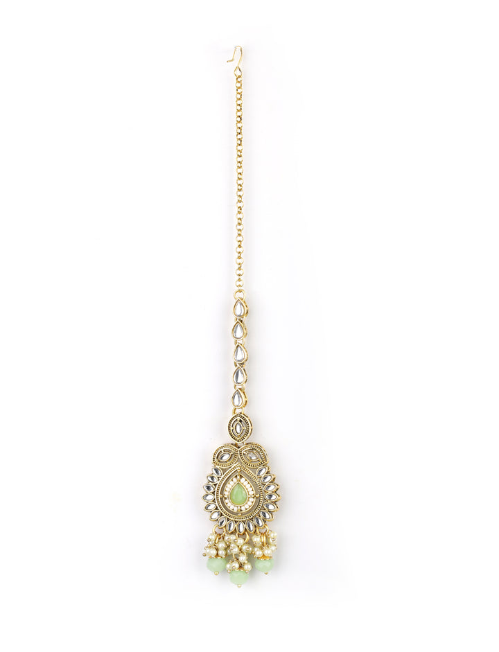Mint Green Pearls Stones Beads Kundan Gold Plated Traditional MaangTika Jewellery Set