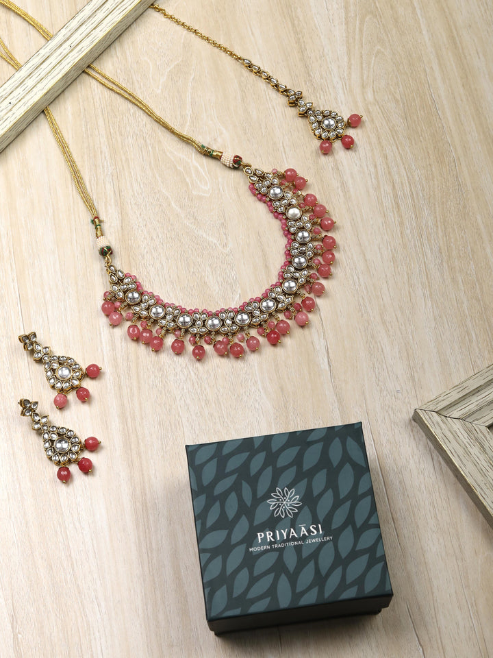Pink Beads Pearls Kundan Gold Plated Jewellery Set with Maang Tikka