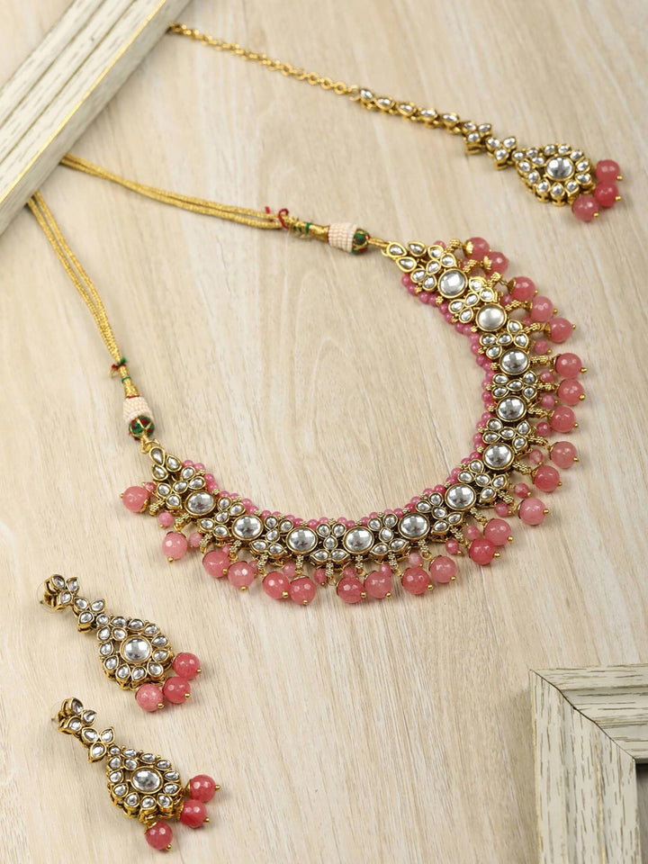 Pink Beads Pearls Kundan Gold Plated Jewellery Set with Maang Tikka