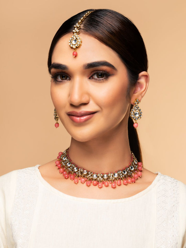 Pink Beads Pearls Kundan Gold Plated Jewellery Set with Maang Tikka