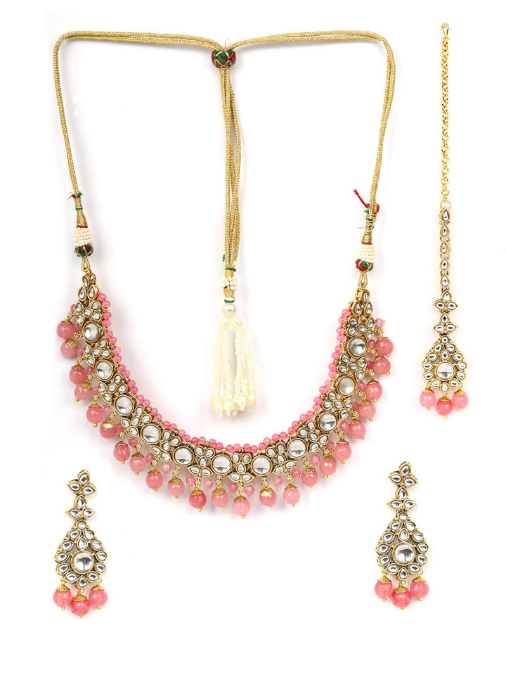 Pink Beads Pearls Kundan Gold Plated Jewellery Set with Maang Tikka