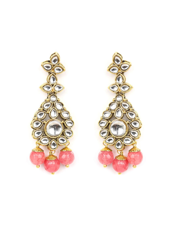 Pink Beads Pearls Kundan Gold Plated Jewellery Set with Maang Tikka